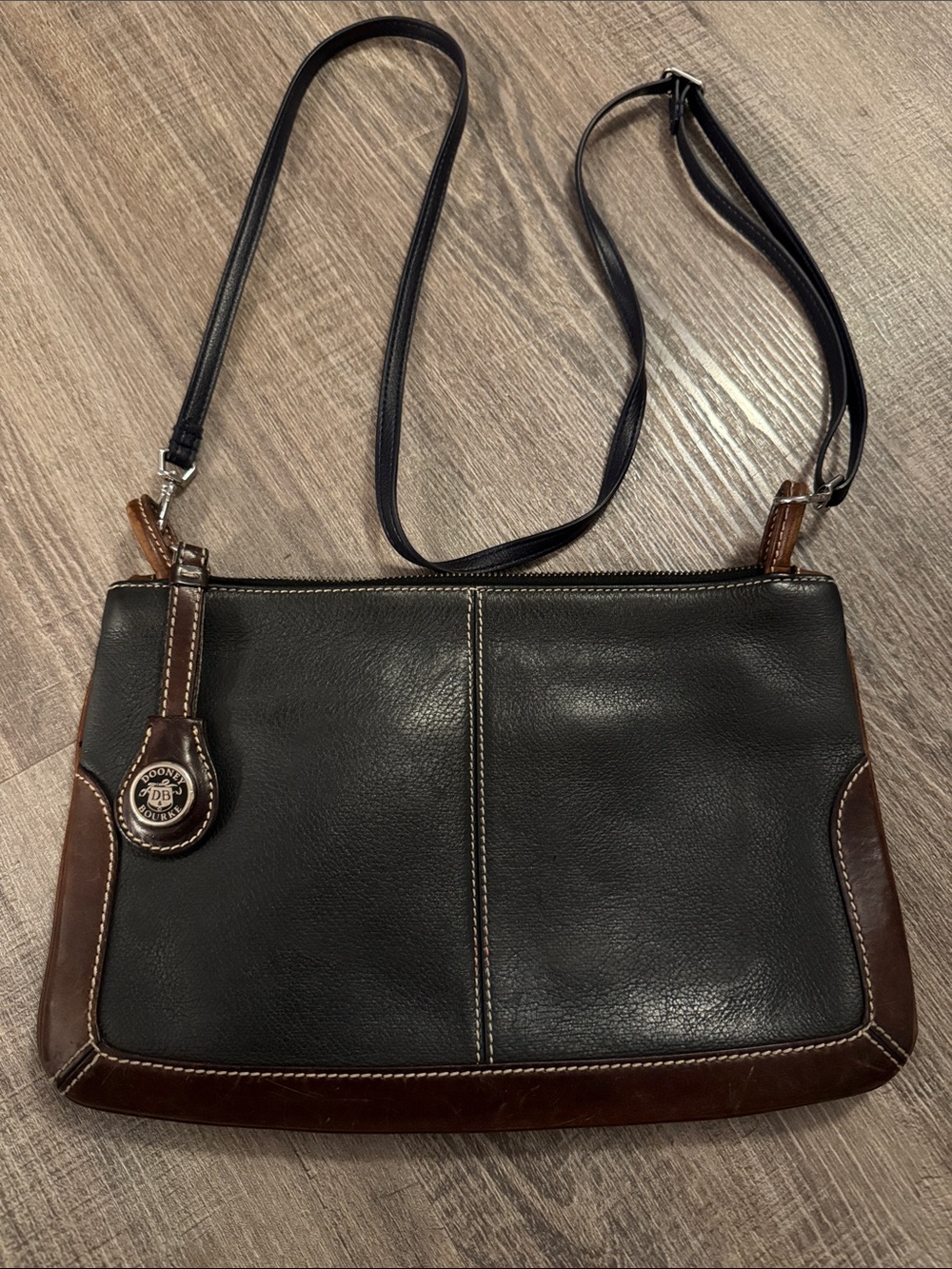 Vintage Dooney & Bourke Black Leather Crossbody with Brown Trim and Logo Charm